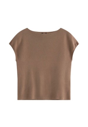 Brown knit top with a rounded neckline and cap sleeves. Features a loose fit with a smooth texture and minimal seams.