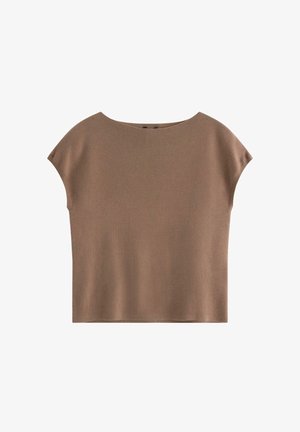 Brown knit top with a rounded neckline and cap sleeves. Features a loose fit with a smooth texture and minimal seams.