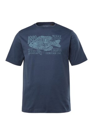 Marineblaue Baumwoll-T-Shirt mit kurzen Ärmeln und einem Grafikdruck im Fischthema sowie hellbluem Text. Lockere Passform.