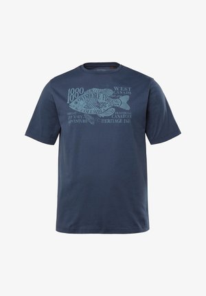 Marineblå bomulds T-shirt med korte ærmer og et grafisk tryk med fisketemaer og tekst i lys blå. Afslappet pasform.