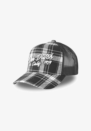 Black and white plaid baseball cap with mesh back and white embroidered text "Dutch Calif. 1929" on front panel.