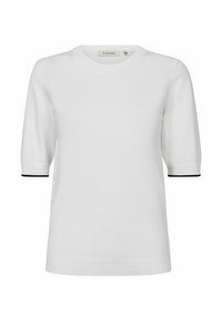 Vit kortärmad stickad tröja med rund halsringning och ribbad nederkant. Har svarta detaljer vid ärmsluten. Mjuk textur.