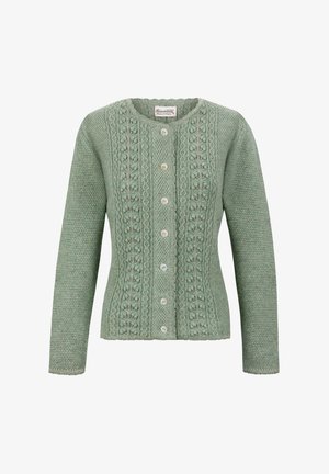 Light green knitted cardigan with a round neckline, textured patterns, and five buttons along the front. Long sleeves and ribbed cuffs.