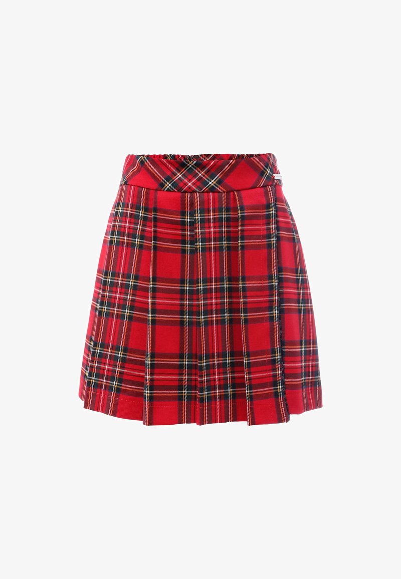 Rode geruite rok met plooien. Heeft een aansluitende tailleband en afwisselende strepen van zwart en geel in het patroon. Gemaakt van lichtgewicht stof.