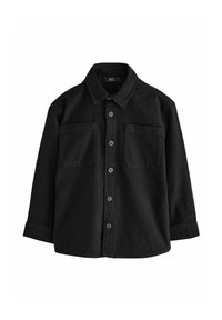 Schwarzes Hemd aus gewebtem Stoff mit einer Knopfleiste, einem Kragen und zwei Brusttaschen. Lange Ärmel mit geknöpften Manschetten.