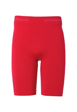 Røde atletiske shorts lavet af strækbart materiale med en glat tekstur. Har en elastisk talje med mærke og subtile designakcenter på siderne.