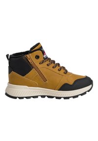 Sneaker mid-top in pelle marrone e mesh nero con accenti testurizzati, suola in gomma, design con lacci e zip laterale.