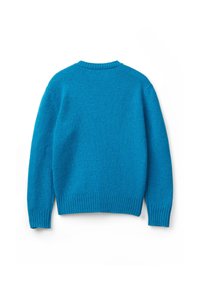 Světle modrý pletený svetr s dlouhým rukávem a žebrovanými manžetami, lemem a kulatým výstřihem zobrazený zezadu na bílém pozadí.