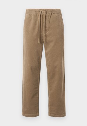 Brune fløjlsbukser med elastisk talje og snøre, der har en afslappet pasform og lige ben, struktureret overflade med ribbet mønster.