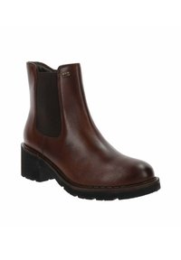 Bottine en cuir marron à panneaux élastiques sur les côtés, bout arrondi et semelle noire épaisse. Présente un marquage subtil près de la cheville.
