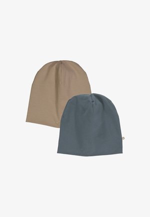Set van twee mutsen: één lichtbruin en één donkerblauw, gemaakt van zachte stof, met een eenvoudig ontwerp en een subtiele naad aan de bovenkant.