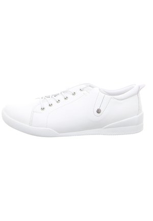 White sneakers made of smooth synthetic material, with a round toe, flat rubber sole, and lacing system. Includes subtle side detail.