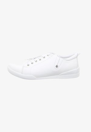 White sneakers made of smooth synthetic material, with a round toe, flat rubber sole, and lacing system. Includes subtle side detail.