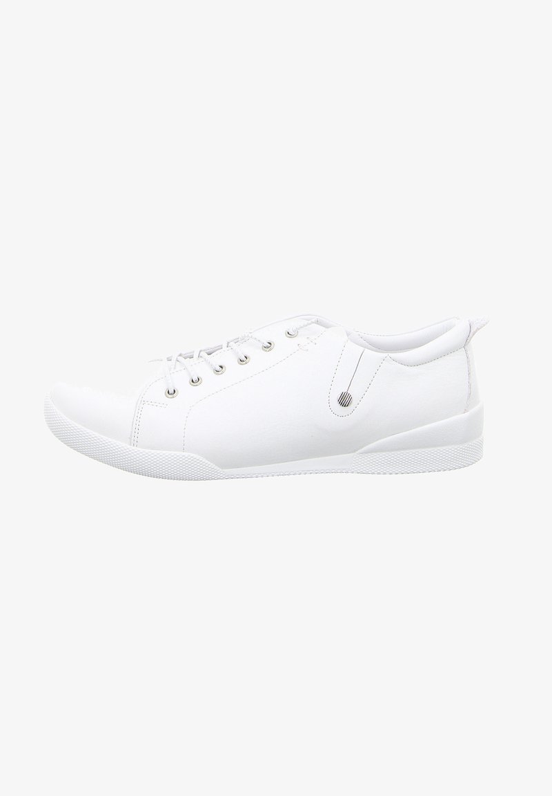 White sneakers made of smooth synthetic material, with a round toe, flat rubber sole, and lacing system. Includes subtle side detail.