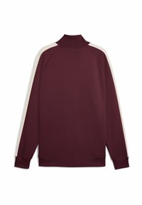 Burgundy sweatshirt med høj hals, cremefarvede sidelister, ribstrikkede manchetter og kant, glat tekstur og raglanærmer.