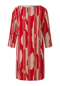 Rotes und beiges gemustertes Kleid mit einem Bootsausschnitt und Dreiviertelärmeln; es zeigt vertikale Streifen und abstrakte Formen. Mit Reißverschlussverschluss auf der Rückseite.