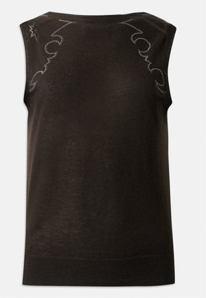 Schwarzes ärmelloses Top aus einem weichen Strickstoff mit einer glatten Textur. Verfügt über dekorative Nähte entlang der Schultern und des Halsausschnitts.