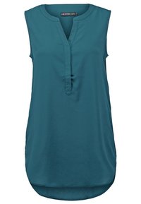 Blouse sans manches couleur sarcelle avec encolure en V et un détail de pli à l'avant, conçue avec un ourlet légèrement arrondi et une coupe décontractée.