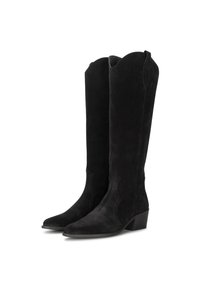 Stivali alti neri in suede con punta leggermente appuntita, orlo superiore a scallop e tacco basso. Design pulito con dettagli minimi.