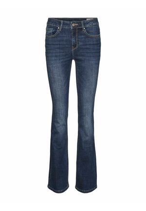Mørkeblå utsvingte jeans med en glatt denim tekstur, fem lommer, messingspenne lukking, og kontrastsøm langs sømmene.