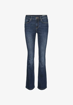 Dunkelblaue, weit geschnittene Jeans mit einer glatten Denim-Oberfläche, fünf Taschen, Messingknopfverschluss und Kontrastnähten entlang der Nähte.