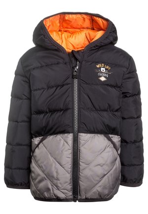 Czarna i szara ocieplana kurtka dziecięca z pomarańczową podszewką kaptura, przednim zamkiem błyskawicznym, dwoma kieszeniami oraz logo "Wild Life clothing" na piersi.