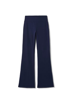 Marineblauwe wijde broek met een hoge elastische tailleband, gemaakt van zachte, rekbare stof. Er zijn geen patronen of versieringen zichtbaar.