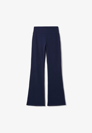Pantaloni a gamba larga color navy con vita alta elastica, realizzati in tessuto morbido ed elastico. Non sono visibili motivi o decorazioni.