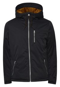 Black hooded jacket with a shiny brown lining, front zippers, adjustable drawstrings, and side pockets. Smooth, water-resistant fabric.