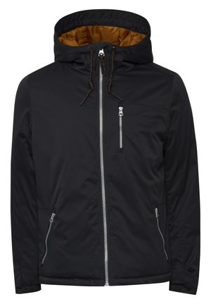 Black hooded jacket with a shiny brown lining, front zippers, adjustable drawstrings, and side pockets. Smooth, water-resistant fabric.