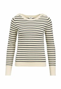 Strikket sweater i creme og marineblå med bred udrigning, lange ærmer, struktureret materiale og dekorative skulderknapper.