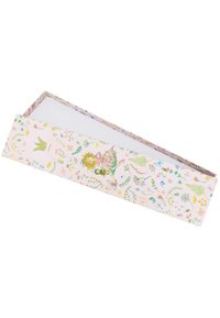 Rosa Papierbox mit floralen und Feen-Illustrationen, an einem Ende geöffnet, mit einem weißen Innenraum und einem goldenen Kronendesign.