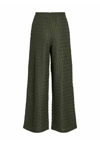 Wijde broek in gestructureerde olijfgroene stof, met een golvend patroon, elastische tailleband en een losse pasvorm voor comfort en stijl.