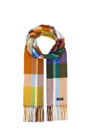 Long woven scarf with multicolor plaid pattern in orange, green, blue, yellow, and white, featuring fringed ends and a small brand label.