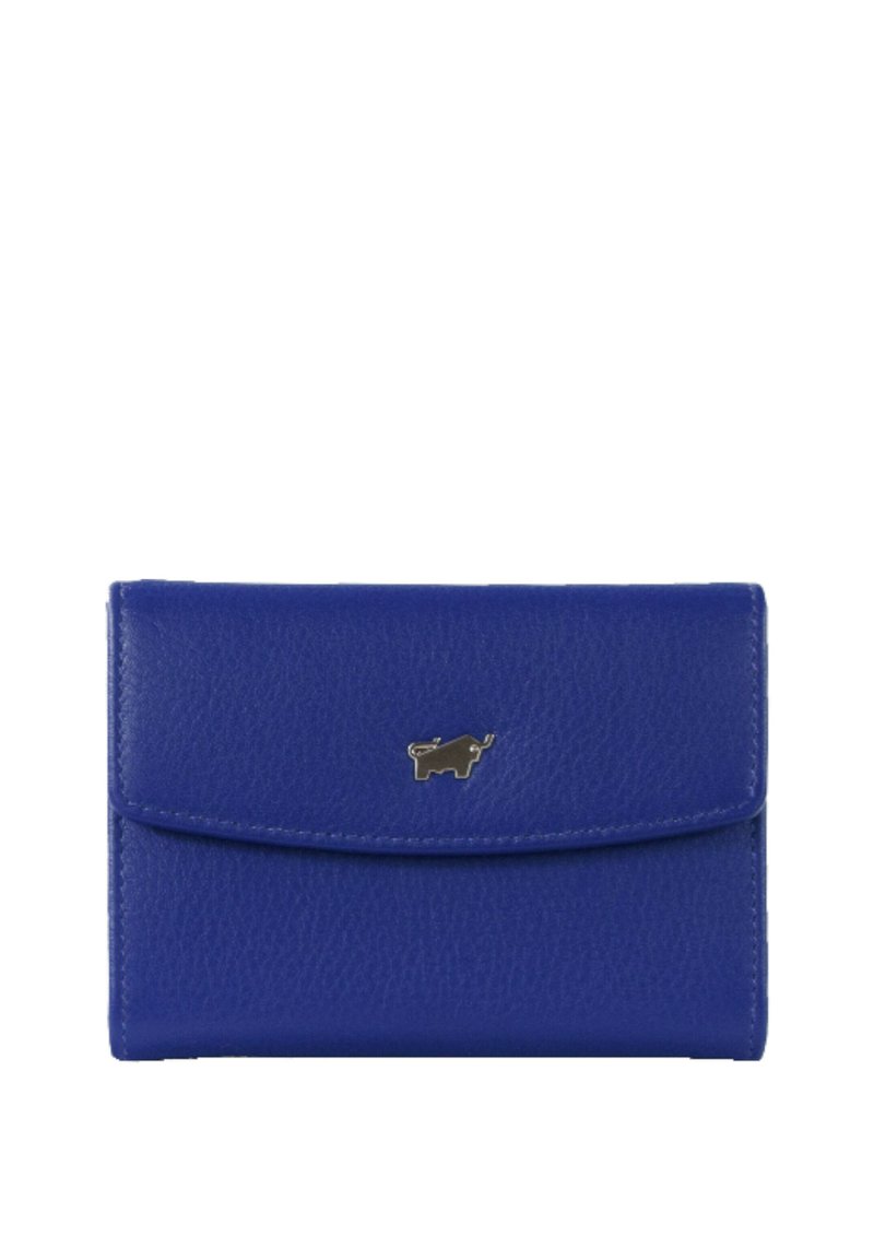 Blue leather wallet with a textured finish, featuring a front flap and a small silver bull logo on the lower right corner.