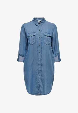 Gaiši zila džinsu krekla kleita ar pogu priekšā, krūšu kabatām un sarullētām 3/4 piedurknēm. Mīksta tekstūra un brīva piegriezuma.