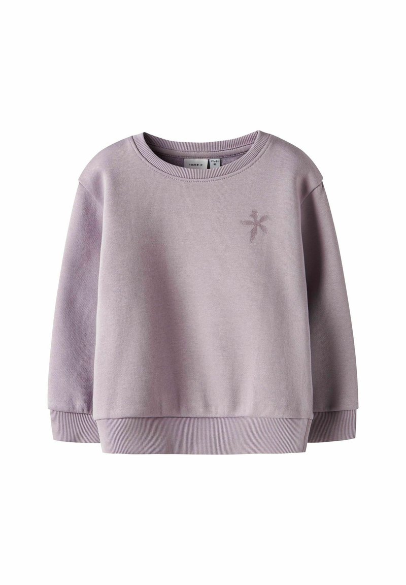 Zachte lavendel lange mouwen peuter sweatshirt met geribde manchetten en zoom, met een klein geborduurd stervormig detail op de borst.