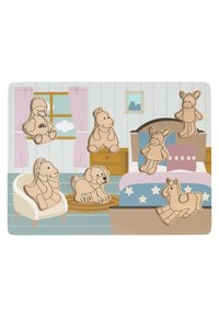 Wooden animal puzzles in a bedroom setting. Includes a duck, dinosaur, horse, cow, dog, and deer, shaped with light wood and simple outlines.