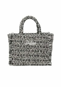 Borsa tote intrecciata in bianco e nero con motivo texture, con dettagli di frange e un logo. Manici doppi per il trasporto.