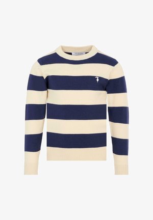 Beżowy sweter w niebieskie paski z okrągłym dekoltem, długimi rękawami i małym logo na piersi. Wykonany z miękkiego materiału dzianinowego.