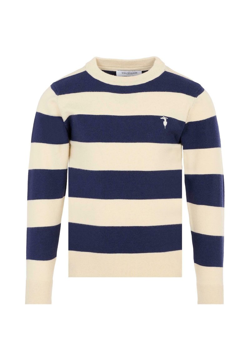 Beżowy sweter w niebieskie paski z okrągłym dekoltem, długimi rękawami i małym logo na piersi. Wykonany z miękkiego materiału dzianinowego.