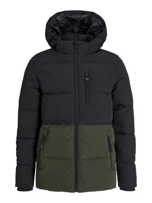 Padded jacket with a black upper section and olive green lower section. Features a hood, zippered front, and two side pockets.