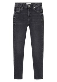 Jean noir slim avec cinq poches, fermeture à bouton et légère décoloration le long des coutures et des cuisses.