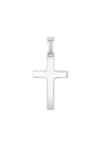 Silberner Kreuzanhänger mit polierter Oberfläche, geometrischem Design und einer einfachen Schlaufe zur Befestigung. Flache Oberflächen, klare Linien und minimale Verzierungen.