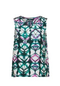 Top senza maniche con un vivace motivo geometrico in tonalità di teal, viola e bianco. Design a V con dettagli accentuati sulle spalle.