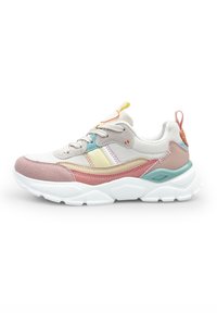 Sneaker features a mesh and suede upper with pastel pink, beige, mint green, and yellow accents. Thick white sole with textured design.