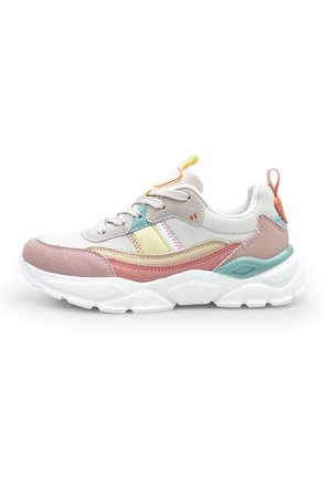 Sneaker features a mesh and suede upper with pastel pink, beige, mint green, and yellow accents. Thick white sole with textured design.