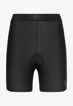 Sorte atletiske shorts med en tætsiddende pasform, der har en glat tekstur, elastisk talje og en kontrasterende logo nederst.