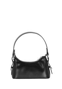 Bolso de mano de cuero negro con una silueta curva, que cuenta con un cierre superior, un asa robusta y un solo, y detalles en hardware plateado.