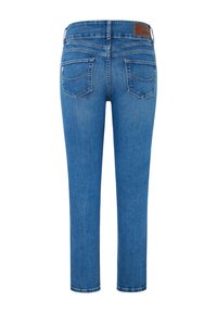 Blå denimjeans med midjeband, med två bakfickor och en ren finish. Tyget har en lätt textur och en klassisk passform.